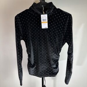 Michael Kors Black Velvet Gold Foil Polka Dot Mock Neck Ruched Glam Top Sz Small